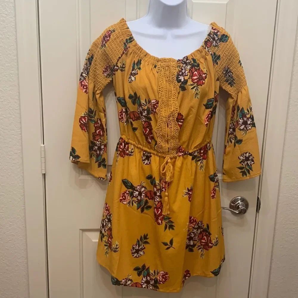 Feathers Large Off Shoulder Bell Sleeve Woman’s Dress Yellow Red Floral Lace